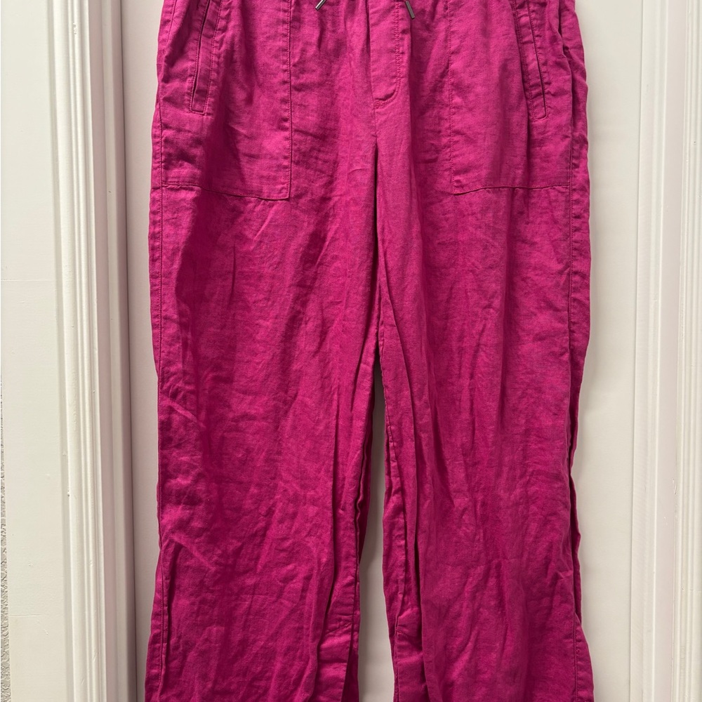 Athleta Retreat 100% Linen Wide Leg Pants Pink Fuchsia Travel Resort Coastal